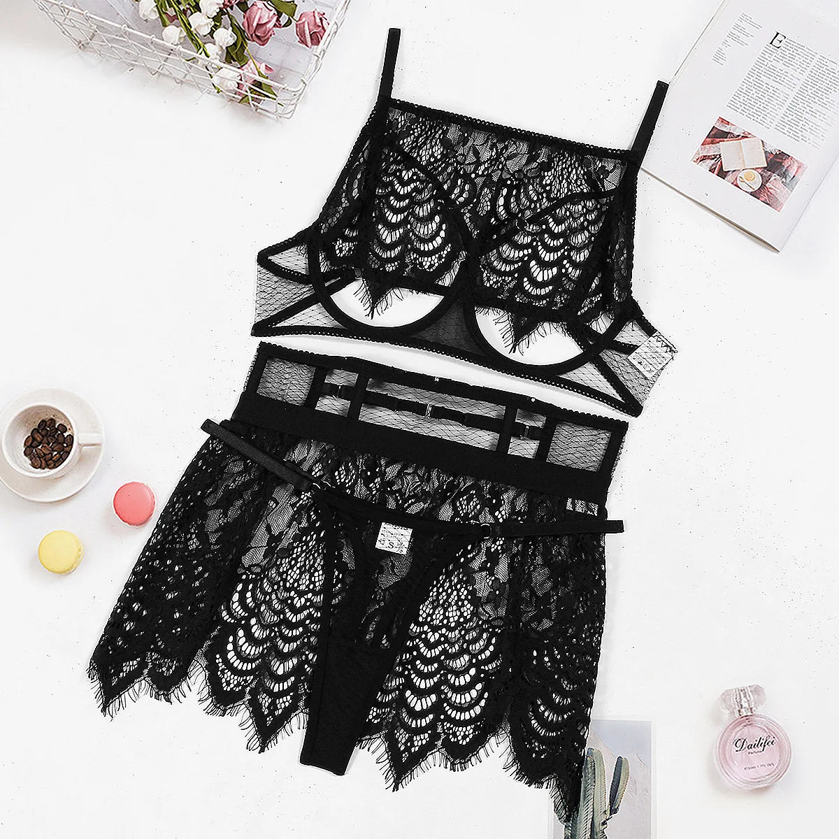 Bellafera Noir Veil Set – Sheer Lace Three-Piece Collection