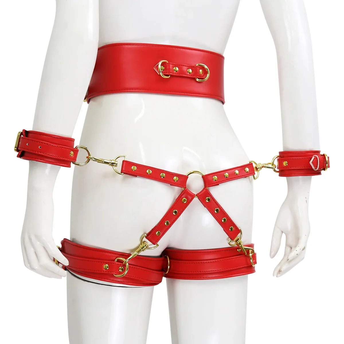 Women's PU Leather Punk Gothic Bondage Set with Handcuffs Cross Braces Garter Belts Leg Corsets