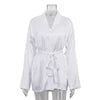 Home Lounge Night Women's Trio Suits White Satin Bow-Tie Bra Robes and Side Slit Shorts Co Ord Pajamas Sets 3 Piece Set Women