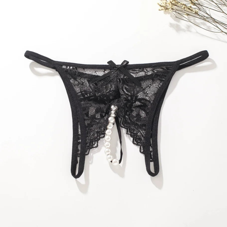 Pearl Massage G-String Panties Sexy Women Underwear Crotch Lace Thong Temptation Lingerie Brief Elegant Underwear #1354