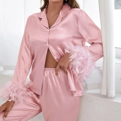 SMOOTH Customized Spring Ice Silk Women Pajamas Fashionable Ostrich Feather Shirt Long Pants Loose Two-Piece Feather