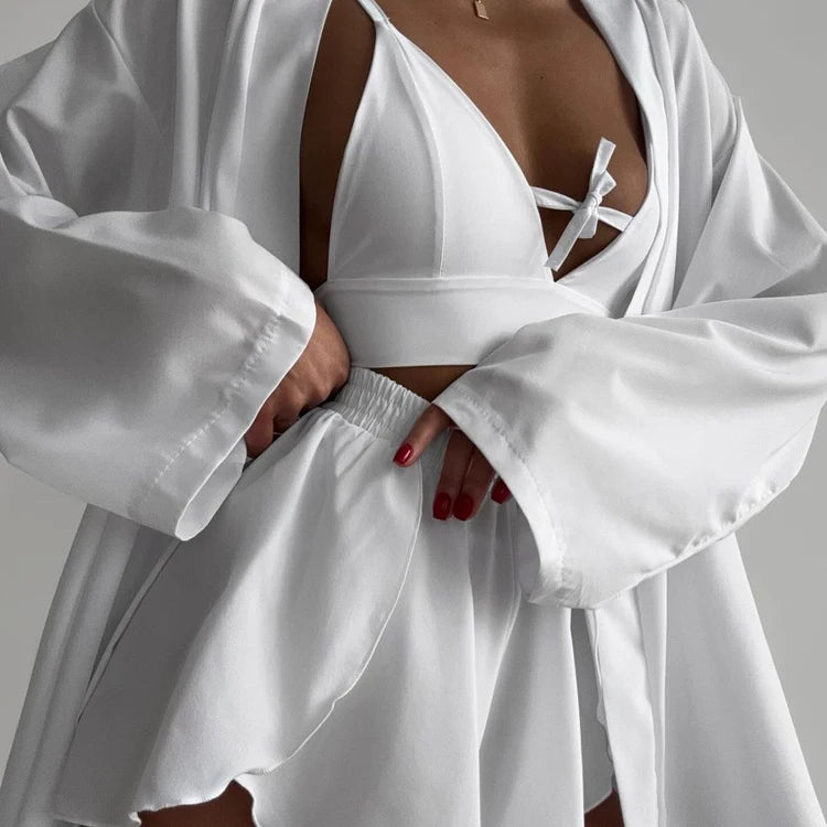 Home Lounge Night Women's Trio Suits White Satin Bow-Tie Bra Robes and Side Slit Shorts Co Ord Pajamas Sets 3 Piece Set Women