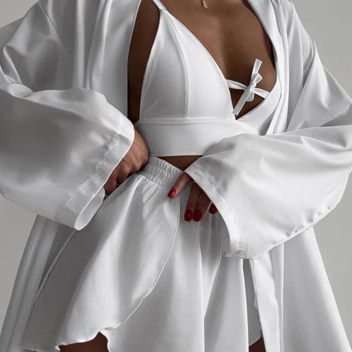 Home Lounge Night Women's Trio Suits White Satin Bow-Tie Bra Robes and Side Slit Shorts Co Ord Pajamas Sets 3 Piece Set Women