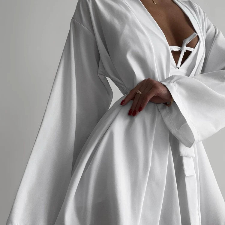 Home Lounge Night Women's Trio Suits White Satin Bow-Tie Bra Robes and Side Slit Shorts Co Ord Pajamas Sets 3 Piece Set Women