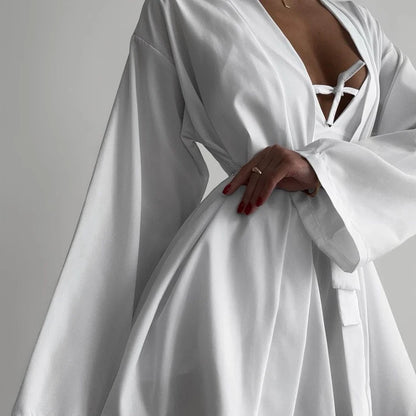 Home Lounge Night Women's Trio Suits White Satin Bow-Tie Bra Robes and Side Slit Shorts Co Ord Pajamas Sets 3 Piece Set Women