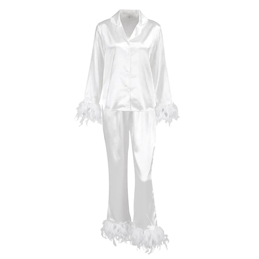 SMOOTH Customized Spring Ice Silk Women Pajamas Fashionable Ostrich Feather Shirt Long Pants Loose Two-Piece Feather