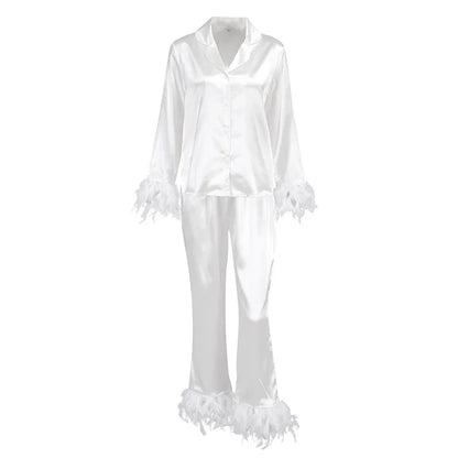 SMOOTH Customized Spring Ice Silk Women Pajamas Fashionable Ostrich Feather Shirt Long Pants Loose Two-Piece Feather
