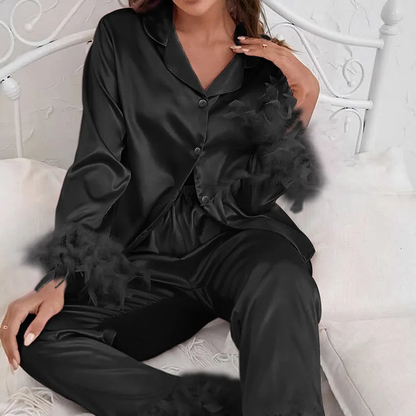 SMOOTH Customized Spring Ice Silk Women Pajamas Fashionable Ostrich Feather Shirt Long Pants Loose Two-Piece Feather