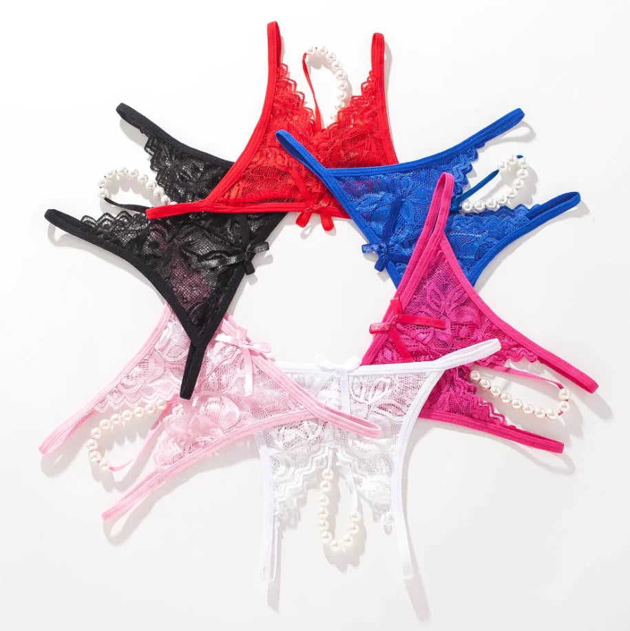 Pearl Massage G-String Panties Sexy Women Underwear Crotch Lace Thong Temptation Lingerie Brief Elegant Underwear #1354