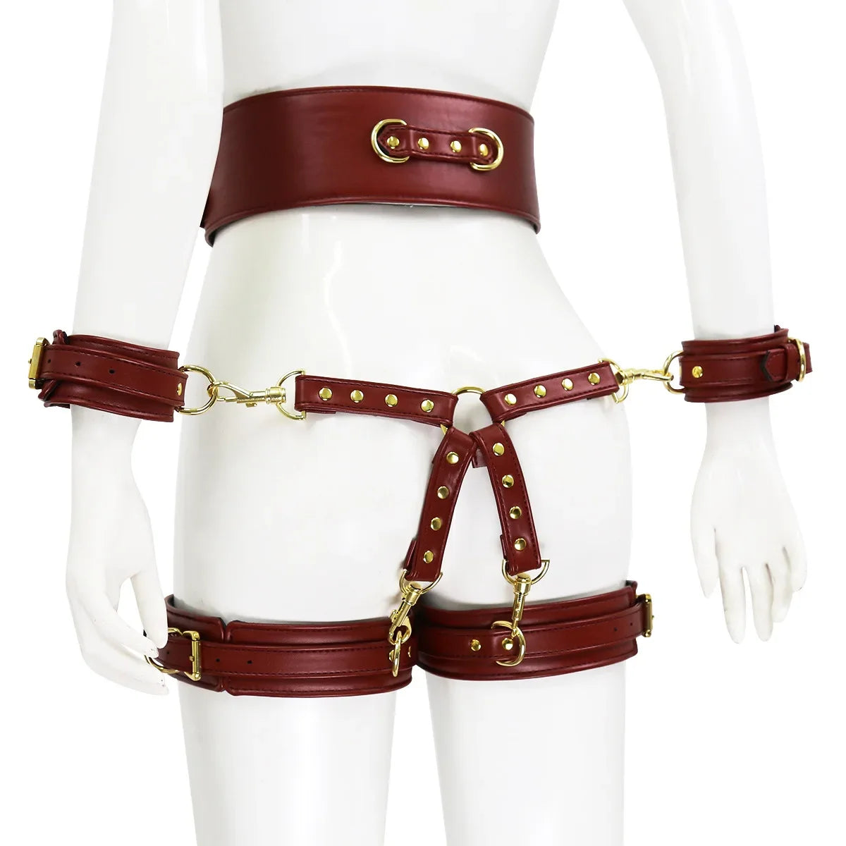 Women's PU Leather Punk Gothic Bondage Set with Handcuffs Cross Braces Garter Belts Leg Corsets