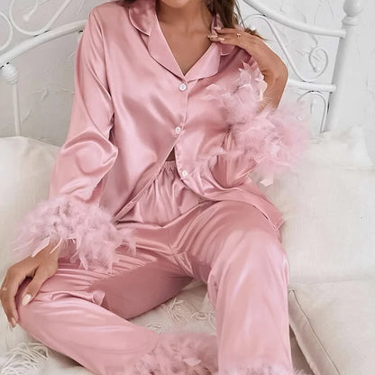 SMOOTH Customized Spring Ice Silk Women Pajamas Fashionable Ostrich Feather Shirt Long Pants Loose Two-Piece Feather