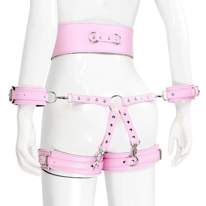 Women's PU Leather Punk Gothic Bondage Set with Handcuffs Cross Braces Garter Belts Leg Corsets
