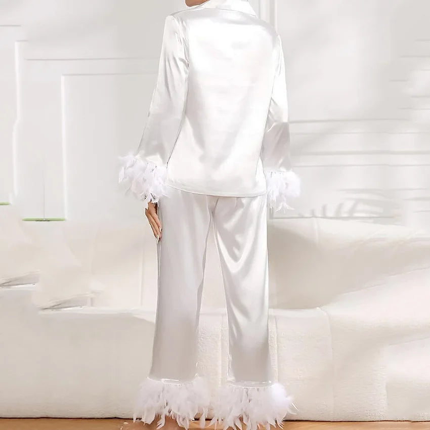 SMOOTH Customized Spring Ice Silk Women Pajamas Fashionable Ostrich Feather Shirt Long Pants Loose Two-Piece Feather