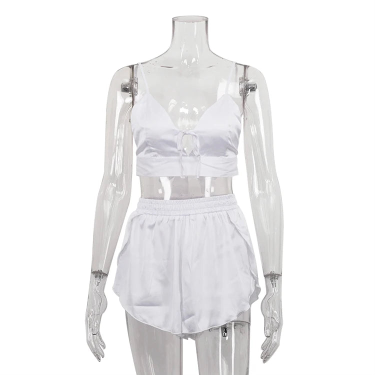 Home Lounge Night Women's Trio Suits White Satin Bow-Tie Bra Robes and Side Slit Shorts Co Ord Pajamas Sets 3 Piece Set Women
