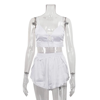 Home Lounge Night Women's Trio Suits White Satin Bow-Tie Bra Robes and Side Slit Shorts Co Ord Pajamas Sets 3 Piece Set Women