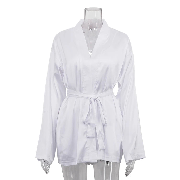 Home Lounge Night Women's Trio Suits White Satin Bow-Tie Bra Robes and Side Slit Shorts Co Ord Pajamas Sets 3 Piece Set Women