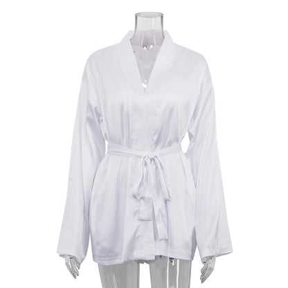 Home Lounge Night Women's Trio Suits White Satin Bow-Tie Bra Robes and Side Slit Shorts Co Ord Pajamas Sets 3 Piece Set Women