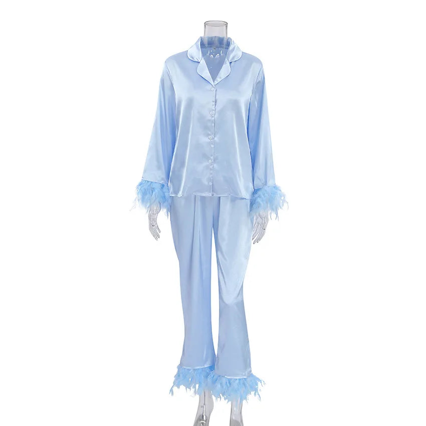 SMOOTH Customized Spring Ice Silk Women Pajamas Fashionable Ostrich Feather Shirt Long Pants Loose Two-Piece Feather