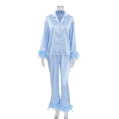 SMOOTH Customized Spring Ice Silk Women Pajamas Fashionable Ostrich Feather Shirt Long Pants Loose Two-Piece Feather
