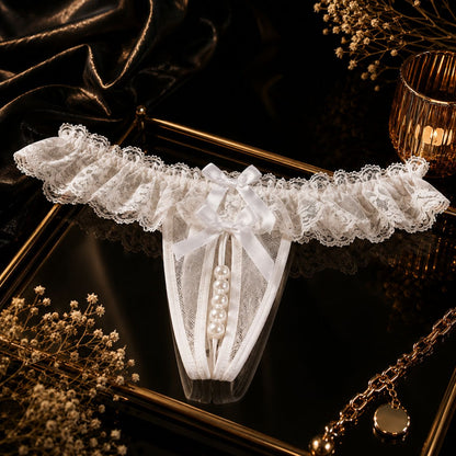 Sexy Panties for Hot Sex Women's Massage Bead Bow Chain Thong Soft Lace Crothless Lingerie Tie Low Waist Hollow G-string Thongs