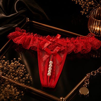 Sexy Panties for Hot Sex Women's Massage Bead Bow Chain Thong Soft Lace Crothless Lingerie Tie Low Waist Hollow G-string Thongs