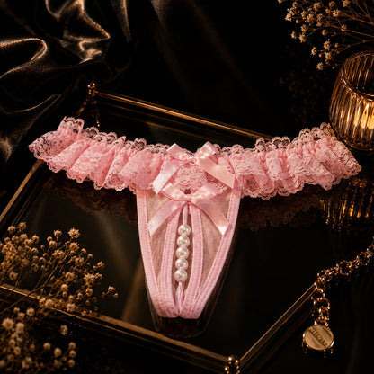 Sexy Panties for Hot Sex Women's Massage Bead Bow Chain Thong Soft Lace Crothless Lingerie Tie Low Waist Hollow G-string Thongs