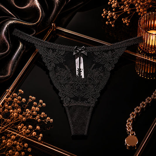 French Romantic Hollow Out Floral Lace Thong Women's Sexy Transparent G-string Underwear Hot Temptation Bow Lingerie S-XL