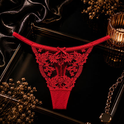 French Romantic Hollow Out Floral Lace Thong Women's Sexy Transparent G-string Underwear Hot Temptation Bow Lingerie S-XL