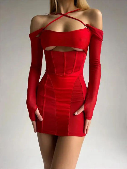 Cold Shoulder Sexy Cut Out Mini Dress Mesh Transparent Hot Club Wear Outfits for Women 2023
