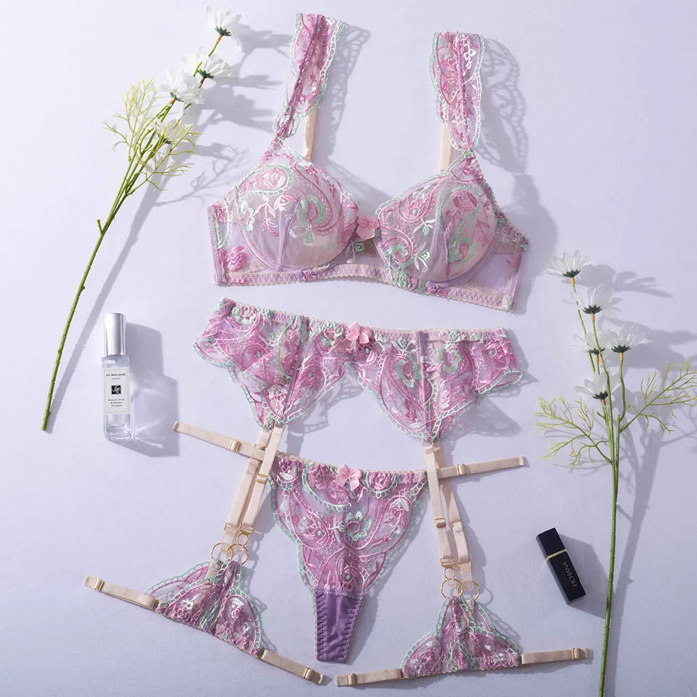 Diccvicc Sensual Lingerie Floral Embroidery Bra Panty Suit See Through Sexy Lace Women Underwear Fancy Garter Set Erotic Apparel