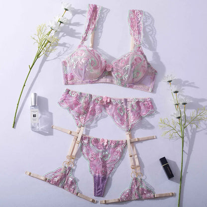 Diccvicc Sensual Lingerie Floral Embroidery Bra Panty Suit See Through Sexy Lace Women Underwear Fancy Garter Set Erotic Apparel