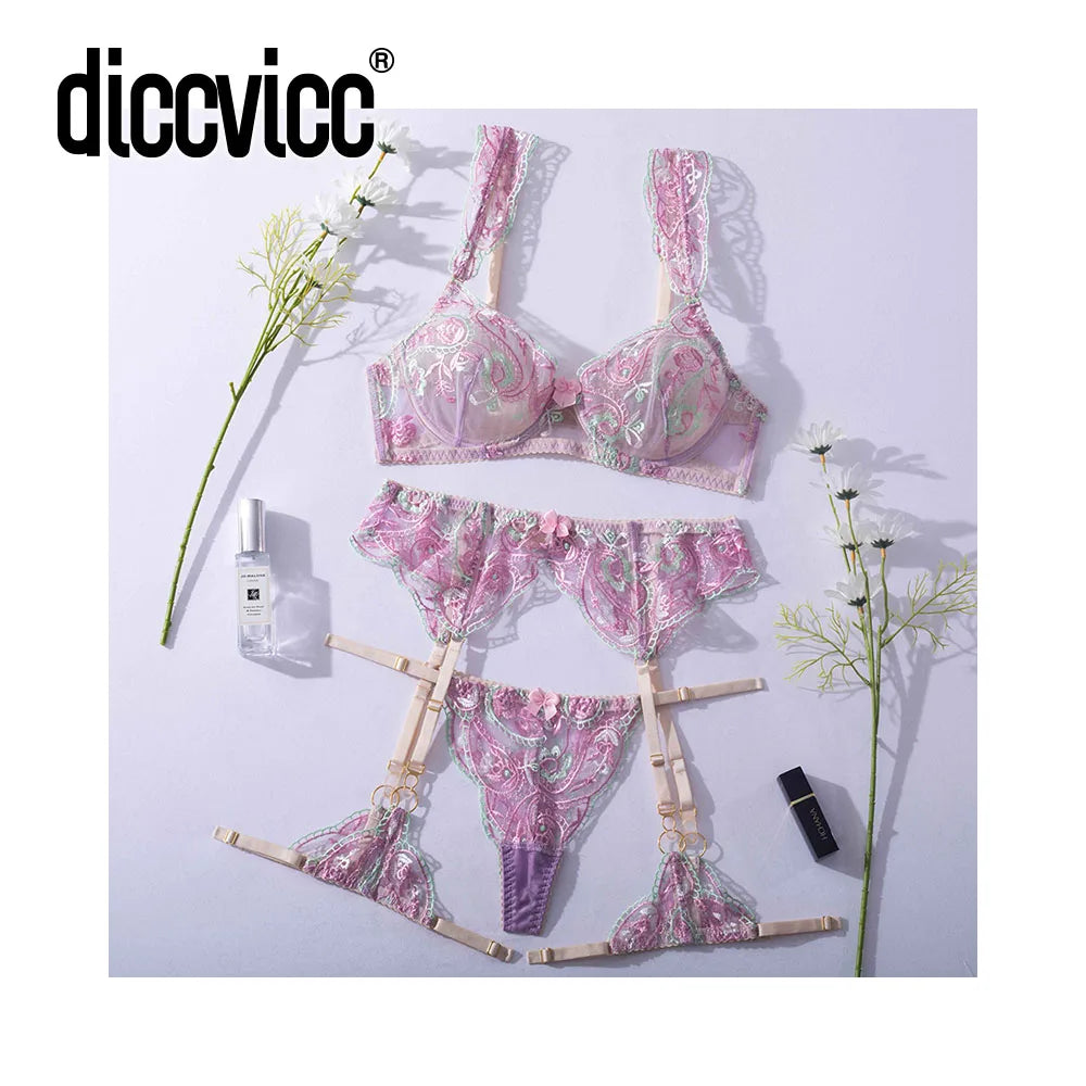Diccvicc Sensual Lingerie Floral Embroidery Bra Panty Suit See Through Sexy Lace Women Underwear Fancy Garter Set Erotic Apparel