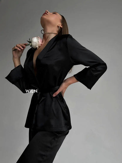 Bellafera Elegance Satin Lounge Set – Black