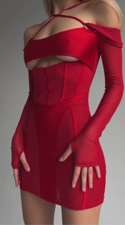 Cold Shoulder Sexy Cut Out Mini Dress Mesh Transparent Hot Club Wear Outfits for Women 2023